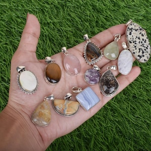 Assorted Gemstone Pendants: Silver Plated, Handmade in India