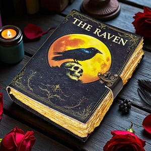 Large The Raven Halloween Leather Journal Gothic Leather Notebook with Skull & Crow Cover, Vintage Deckle Paper, Witchy Diary Gift for Her