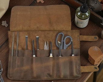 Rustic Leather Tool Roll Up Bag, Vintage Leather Tool Organizer, Leather Tool Roll Pouch, Craftsman Tool Holder, Leatherwork Gift, Tool Wrap