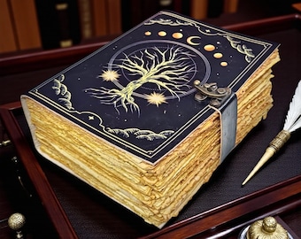 Grimorio de cuero del Árbol de la Vida: Libro de las Sombras hecho a mano con papel de bordes irregulares