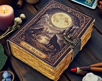 Leather Journal The Moon | Wolf Journal with Lock, Vintage Handmade Notebook, Tarot Journal, Witchy Sketchbook, Moon Phase Diary 400 Pages