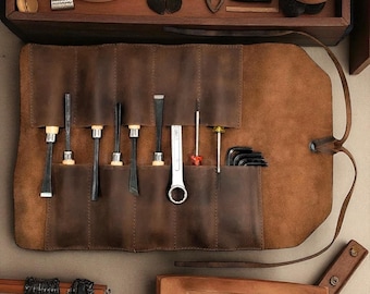 Estuche de herramientas de cuero hecho a mano: organizador de herramientas personalizado con 14 ranuras