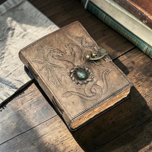 Multi angle view double dragon leather journal front spine and side perspective