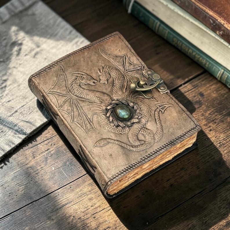 Multi angle view double dragon leather journal front spine and side perspective