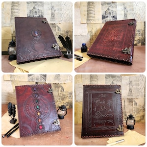Handcrafted leather A4 ring binder journal with dragon design, antique parchment styling and warm cinematic lighting