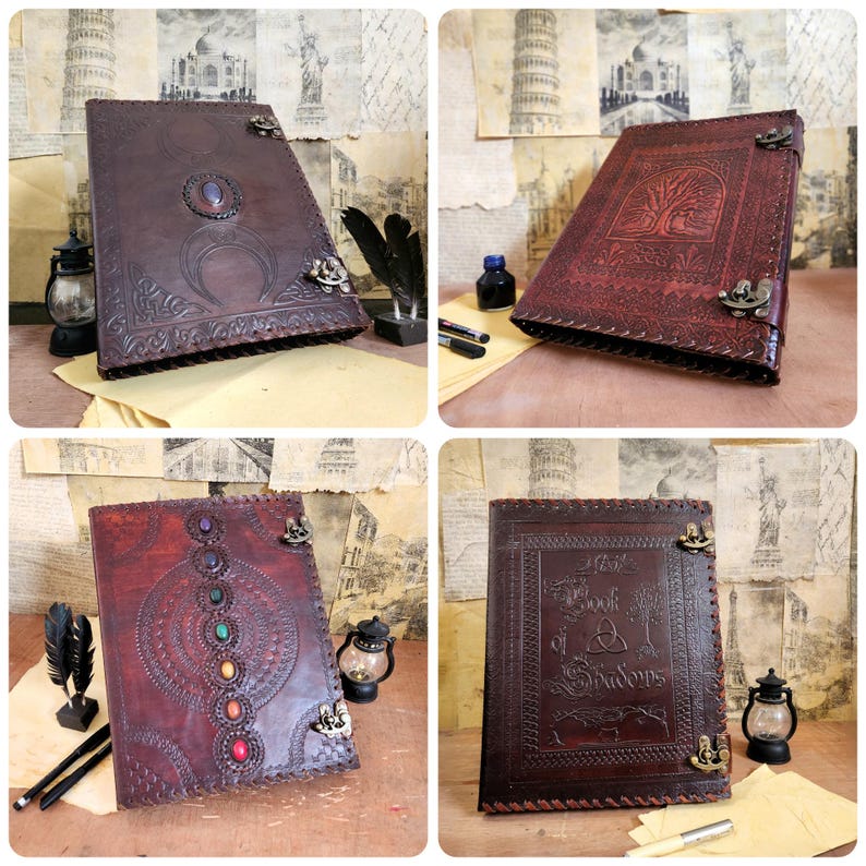 Handcrafted leather A4 ring binder journal with dragon design, antique parchment styling and warm cinematic lighting