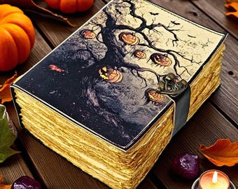 Handmade Leather Grimoire Journal | Halloween Pumpkin Tree, Deckle Edge Pages