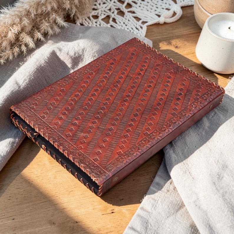 Back side of leather pentagram binder, plain vintage leather texture and stitching detail