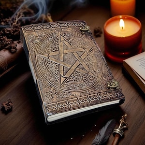 "Celtic pentagram leather sketchbook for spells and notes"