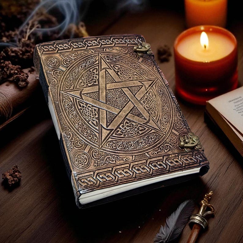 "Celtic pentagram leather sketchbook for spells and notes"