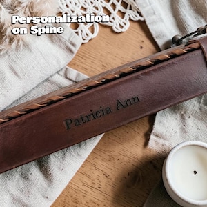 Custom engraved name on leather pentagram ring binder, personalized boho witchy journal preview
