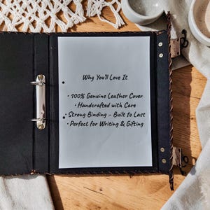 Leather pentagram binder features infographic, size, material, and customization details