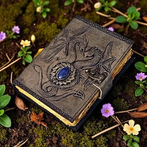May include: A leather-bound journal with a dragon design. The cover is embossed with two dragons surrounding a blue gemstone. The journal has a metal clasp and aged paper pages. The background features moss, flowers, and leaves.