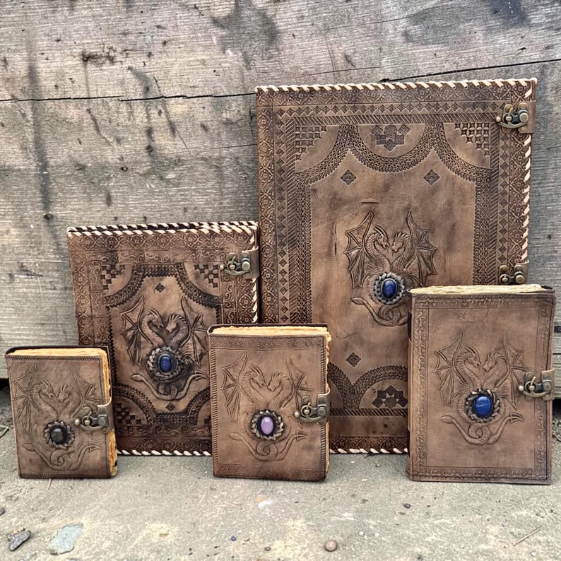Double dragon leather journal available in multiple sizes 7x5 8x6 10x7 13x10 20x14
