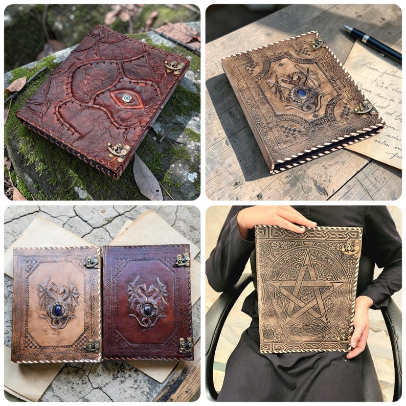 Open-style fantasy leather journal binder with dragon embossing, vintage paper props and blurred pen foreground