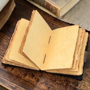 Open double dragon leather journal with blank pages handmade notebook interior view