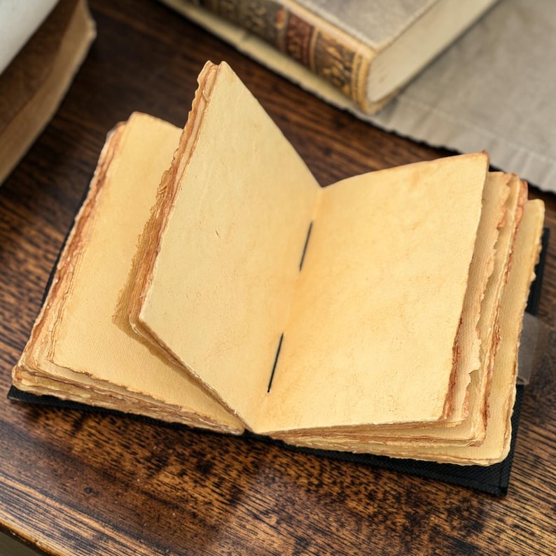Open double dragon leather journal with blank pages handmade notebook interior view