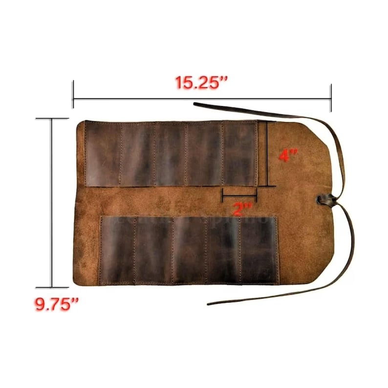 May include: A brown leather watch roll, measuring 15.25 inches long, 9.75 inches wide, and 4 inches high when rolled. The interior features multiple compartments, each 2 inches wide, designed to hold watches. A leather strap secures the roll.
