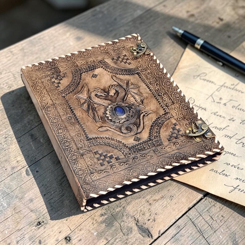 Fantasy leather dragon binder journal close-up with embossed cover, blue gemstone accent, rustic wooden tabletop aesthetic