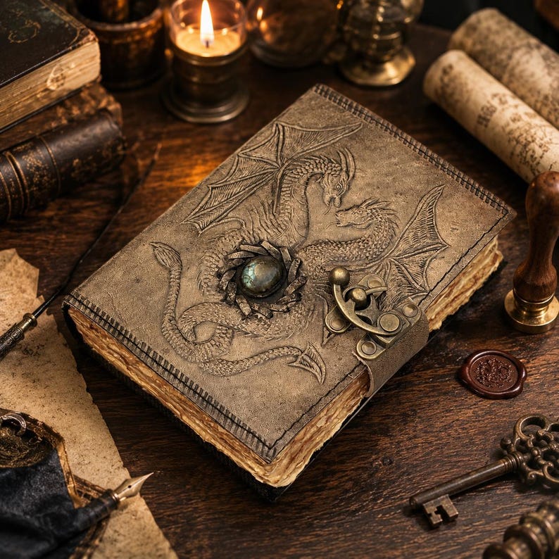 Luxury dark academia handcrafted vintage leather dragon journal resting on a dark walnut desk with embossed dragon artwork, antique brass clasp, aged handmade paper edges, antique keys, wax seal, fountain pen, and medieval books in warm cinematic candlelight — premium fantasy-inspired Etsy stationery photography.