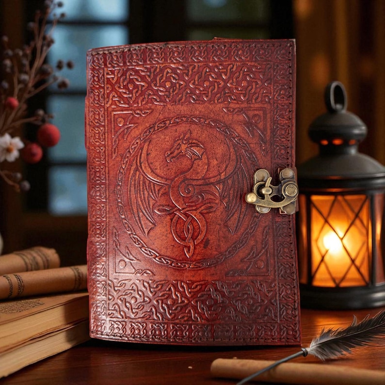 "Embossed dragon leather diary for fantasy lovers"