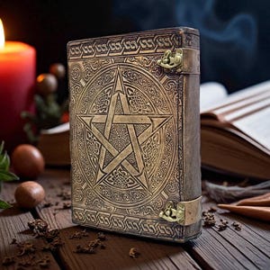 "Occult pentagram embossed leather diary for rituals"