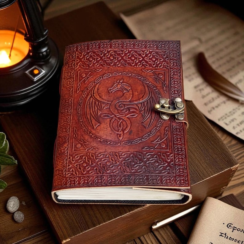 "Celtic dragon leather diary with antique clasp closure"