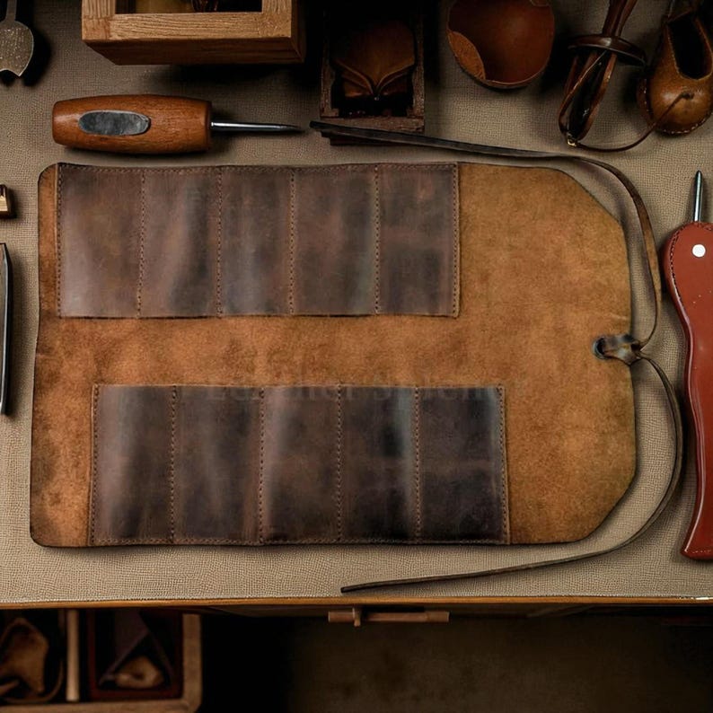 May include: A brown leather tool roll with multiple pockets, designed to hold various tools. The roll is made of distressed leather and has a strap for securing it. Other leather tools are visible in the background.