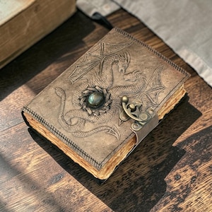 Three side angle view double dragon leather journal showing thickness spine and edges