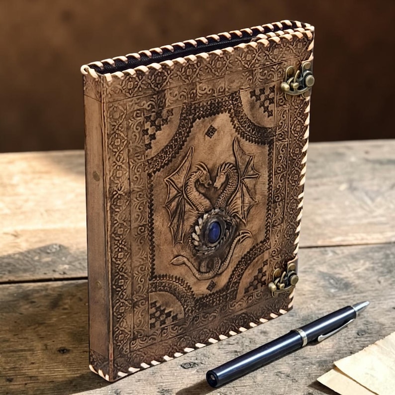 Handcrafted leather A4 ring binder journal with detailed dragon embossing and gemstone detail, styled on vintage parchment and wood background with sharp focus Etsy product photography
