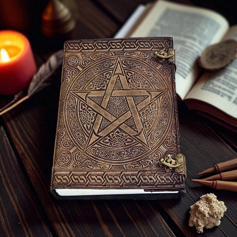 "Wiccan leather diary with Celtic pentagram cover"