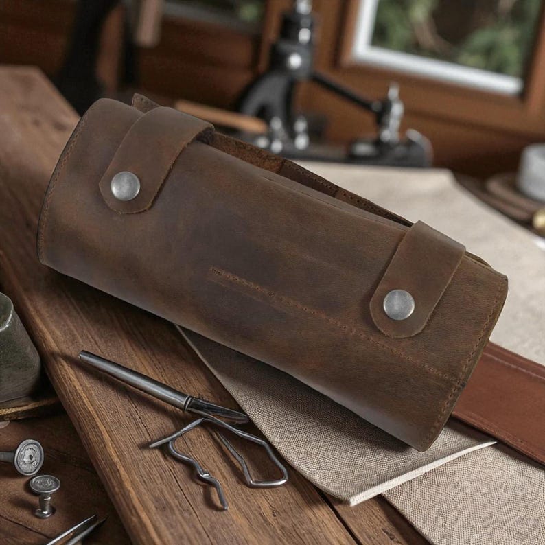 May include: A brown leather tool roll with silver snap closures. The roll is cylindrical and appears to be made of distressed leather. A metal tool and other items are visible on a wooden surface.