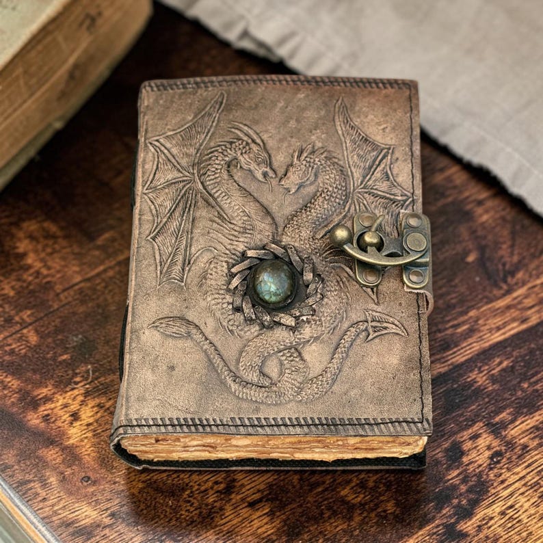 Front view double dragon leather journal with gemstone centerpiece handmade notebook
