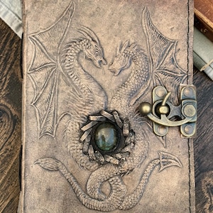 Close up of double dragon embossed leather journal showing detailed craftsmanship texture