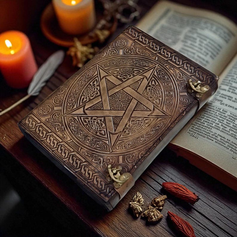 "Mystical pentagram embossed leather notebook for spellwork"
