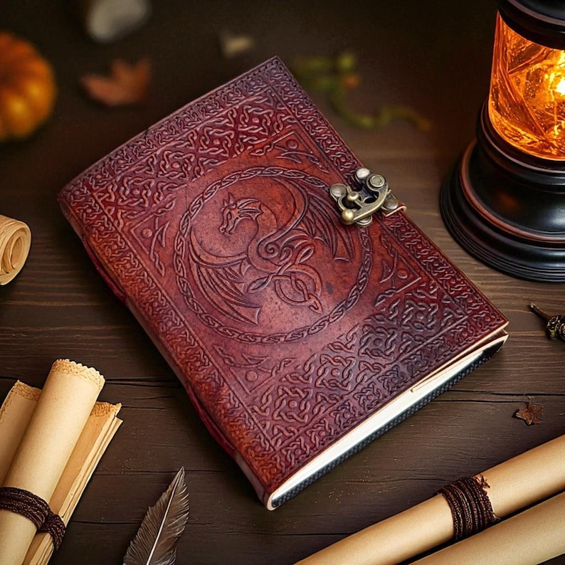 "Fantasy dragon embossed leather notebook for writers"