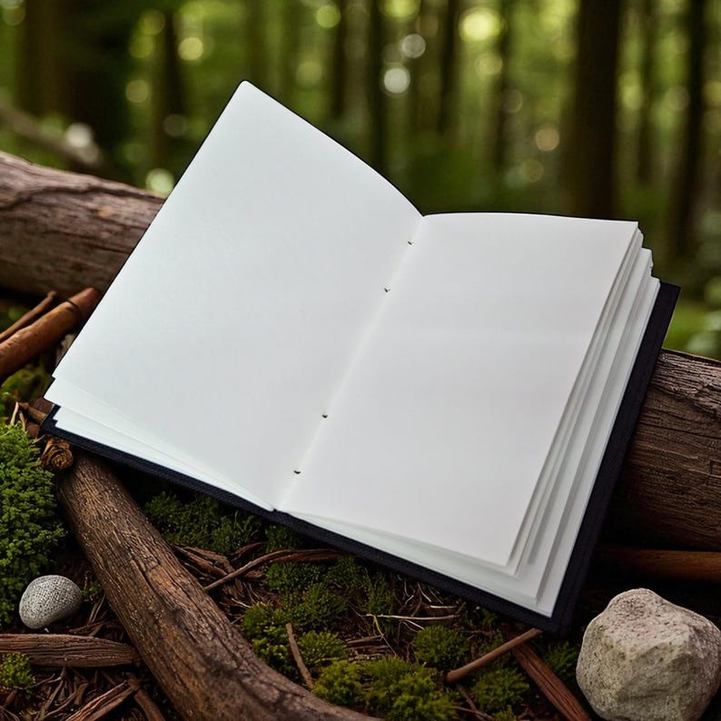 Puede incluir: Un cuaderno abierto con p&aacute;ginas blancas en blanco, encuadernado en una cubierta oscura. El cuaderno descansa sobre musgo y madera, con un fondo borroso de bosque. Las p&aacute;ginas se mantienen unidas con costuras visibles.