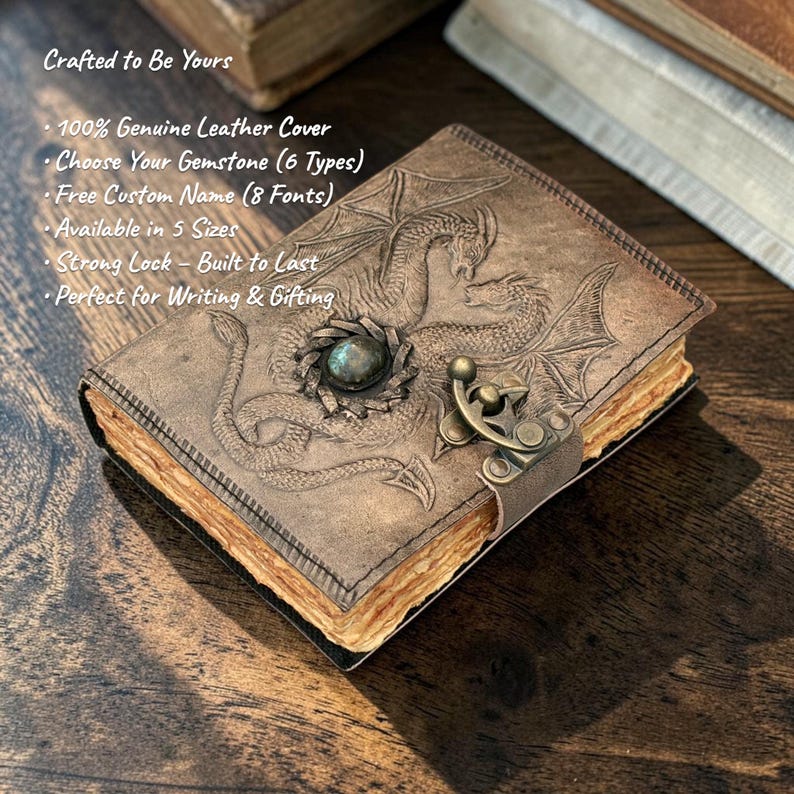 Double dragon leather journal features genuine leather handmade customizable sizes stones