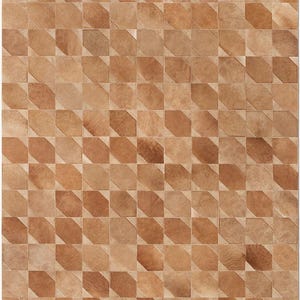 May include: A rectangular rug with a geometric pattern. The rug is composed of numerous squares and octagons in varying shades of brown and tan, creating a textured, patchwork appearance. The design is symmetrical and the rug appears to be made of leather.