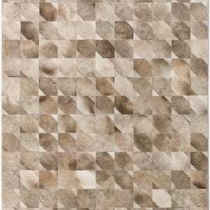 May include: A rectangular rug with a geometric pattern. The rug features squares and diamond shapes in shades of brown, tan, and cream. The texture appears to be a natural material, possibly hide or leather.