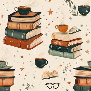 May include: A repeating pattern featuring stacks of books in shades of brown, green, and cream, accompanied by steaming mugs of coffee or tea, open books, black-rimmed glasses, small orange stars, and green leafy sprigs on a light cream background.
