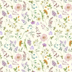 Peut inclure: Un motif sans couture présentant des illustrations à l'aquarelle de diverses fleurs sauvages et de feuillages. Le motif comprend des éléments floraux roses, violets, jaunes et verts, ainsi que de petits papillons, sur un fond crème.