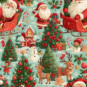 May include: A light blue fabric featuring a repeating Christmas pattern of Santa Claus in a red sleigh, snow-covered houses, decorated pine trees, snowmen, reindeer, elves, candy canes, gift boxes, and gingerbread cookies.