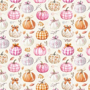 May include: A repeating pattern on a cream background featuring various pumpkins in shades of orange, pink, and white. Some pumpkins display gingham checks, floral patterns, or solid colors, and many are adorned with small tied ribbon bows.