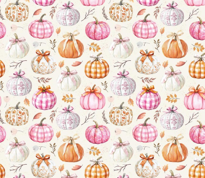 May include: A repeating pattern on a cream background featuring various pumpkins in shades of orange, pink, and white. Some pumpkins display gingham checks, floral patterns, or solid colors, and many are adorned with small tied ribbon bows.