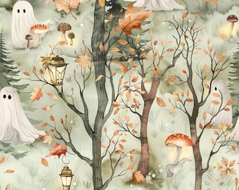 Cute Ghost Fall Woodland Pattern Cotton Autumn Fabric-DIY 100% Cotton Fabric-Sold by Half Yard