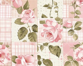 Pink Rose Gingham Patchwork Pattern Cotton Floral Fabric-DIY 100% Cotton Fabric-Sold by Half Yard