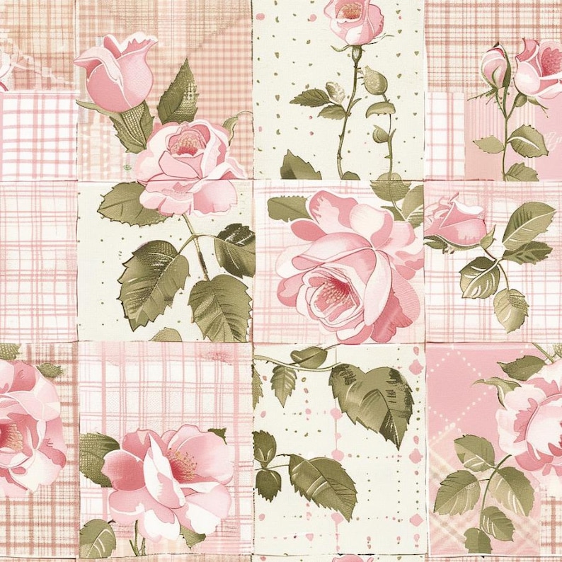 May include: A wallpaper pattern featuring a patchwork grid of alternating squares. Some squares display light pink roses with green leaves on a cream background, while others show a soft pink and white plaid or checkered design.