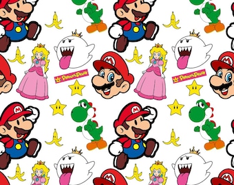 Princess With Mario Cute Pattern Cotton Cartoon Fabric-DIY 100% Cotton Fabric-Sold by Half Yard