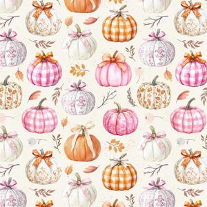 May include: A repeating pattern of watercolour pumpkins in various colours and patterns. The pumpkins are decorated with bows and floral designs, set against a cream-coloured background with leaves and sprigs.